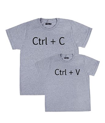 Kit Pai/Mãe e Filho 02 Camisetas Cinzas Ctrl C Ctrl V