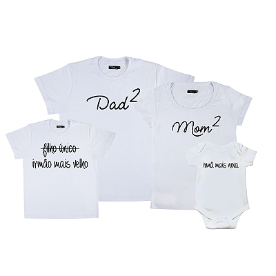 Kit Família 03 Camisetas e 01 Body Pai e Mãe de 02  | Irmão Mais Velho e Irmã Mais Nova