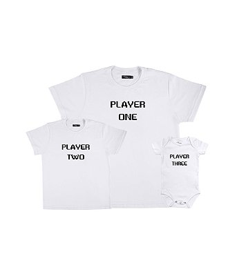 Kit Pai e Filhos 02 Camisetas e 01 Body Player One Two e Three