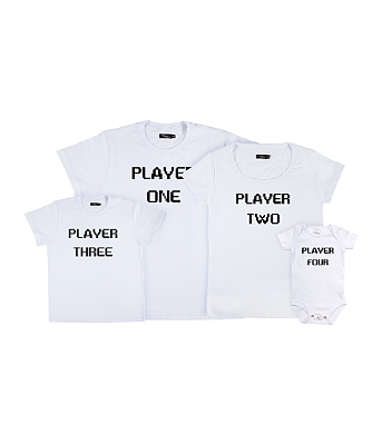 Kit Família 03 Camisetas e 01 Body Player 1 Player 2 | Player 3 Player 4