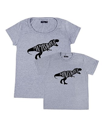 Kit 2 Camisetas Cinzas Mãe & Filho (a) Mamasaurus e Minisaurus