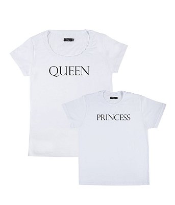 Kit 2 Camisetas Brancas Mãe e Filha Queen e Princess