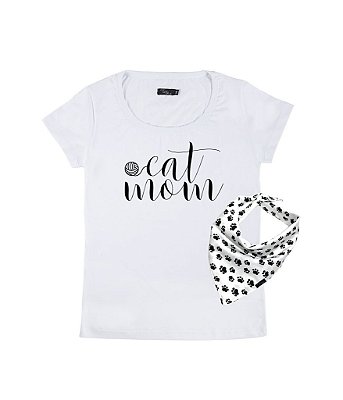 Camiseta Baby Look Feminina Cat Mom & Bandana de Gato