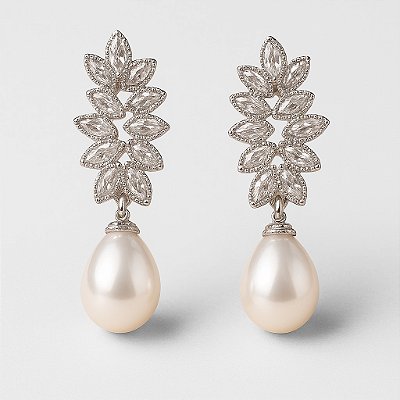 Brinco Noiva Luisa - Brinco longo com zircônias e pérola gota