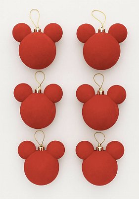Kit com 6 bolas de natal mickey disney vermelhas aveludadas