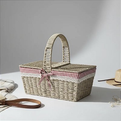 Cesta de Piquenique de Vime Forrada Bege