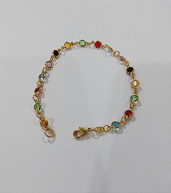 Pulseira Feminina Folheado Ouro 18k Pedras Coloridas