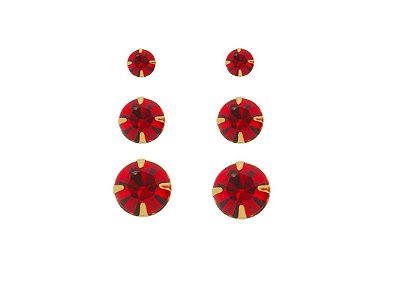 Trio Brinco Crystal Vermelho 3109 Banhado Ouro 18k