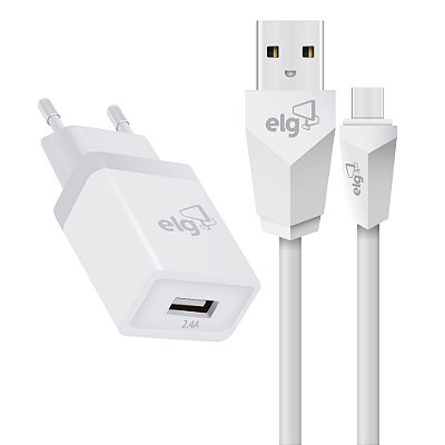Kit Carregador  ELG, 1 Saída USB + Cabo USB Tipo-C carregamento rápido 1 ano de garantia