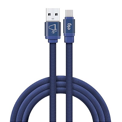 Cabo Tipo-C ELG  em Tecido Canvas azul  Reforçado para Recarga rápida 1 ano de garantia