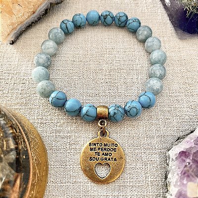 Pulseira Ho’oponopono de Pedra Natural Jade Azul e Howlita Turquesa - Boa Sorte, Atrair Felicidade, Proteção e Paz Interior
