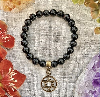 Pulseira Pingente Estrela de Davi - Arquétipo do Poder e Proteção Espiritual com Pedra Natural de Turmalina Negra