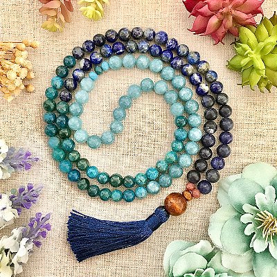 Japamala 108 contas de Jade Azul, Apatita, Lápis Lazúli e Sodalita - Criatividade, Paz Mental e Proteção Espiritual - EDIÇÃO EXCLUSIVA