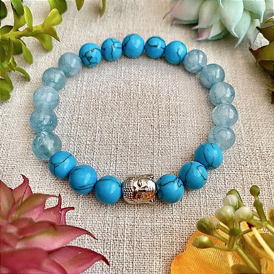 Pulseira de Pedra Natural Jade Azul e Howlita Turquesa - Boa Sorte, Atrair Felicidade, Proteção e Paz Interior