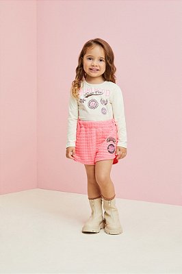 Conjunto Feminino Infantil Momi Manga Longa Creme com Shorts Rosa Neon j5015