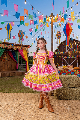 Vestido junino amarelo com rosa 8803