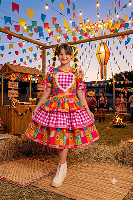 Vestido junino rosa xadrez