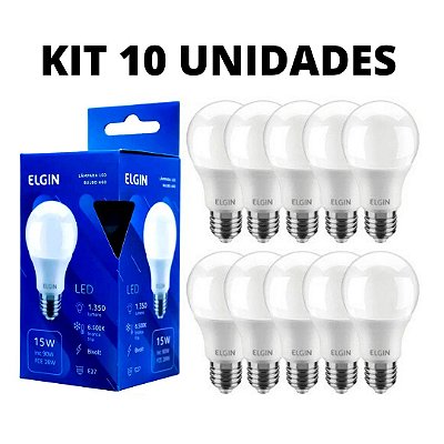 KIT 10 Lâmpada LED Bulbo 15W Elgin Branco Frio 6500K E27 Bivolt