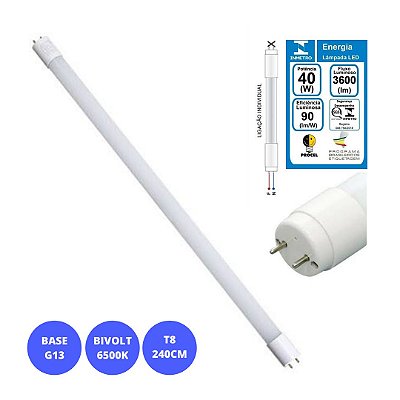 Lampada LED 40W Tubular T8 240cm INMETRO Branco Frio 6500K Bivolt