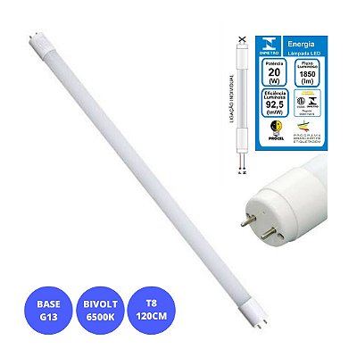 Lampada LED 20W Tubular T8 120cm INMETRO Branco Frio 6500K Bivolt