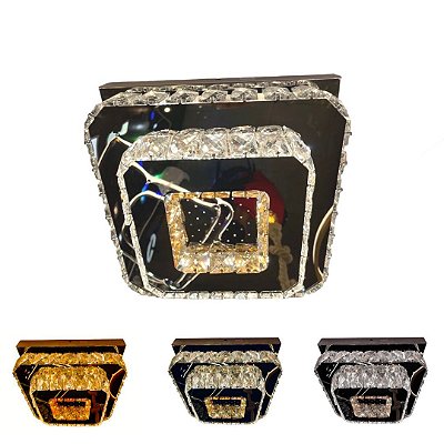 Lustre Plafon Cristal Quadrado Duplo LED 3 Cores Bivolt 3083