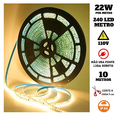 Fita 240 LED's 110V 10 Metros IP20 3528 22W 3000K Liga Direto