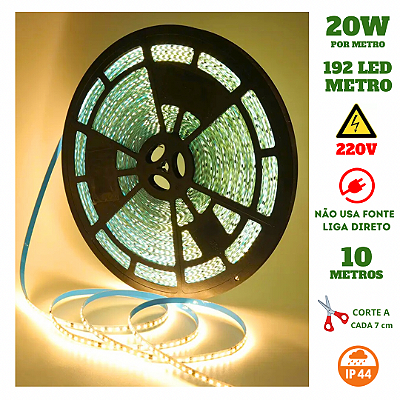 Fita 192 LED's 220V 10 Metros IP44 3528 18W 3000K Liga Direto