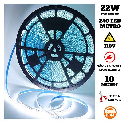 Fita 240 LED's 110V 10 Metros IP44 3528 22W 6500K Liga Direto