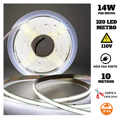 Fita COB 320 LED's 10 Metros IP44 110V 14W 6500K Liga Direto