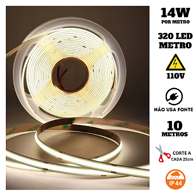 Fita COB 320 LED's 10 Metros IP44 110V 14W 4000K Liga Direto