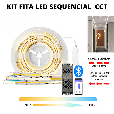 KIT Fita LED COB Sequencial 576 LED’s 24V 5 Metros CCT Multicor + Fonte
