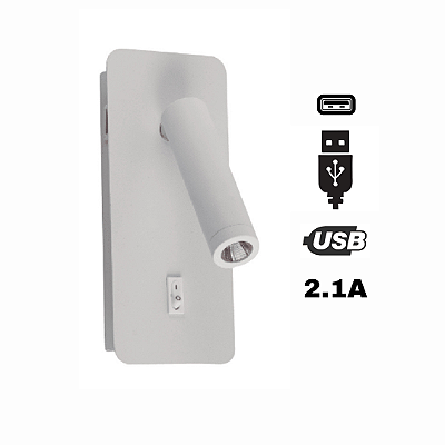 Arandela LED 3W Arcavi USB Leitura Make Interruptor Branca Bivolt