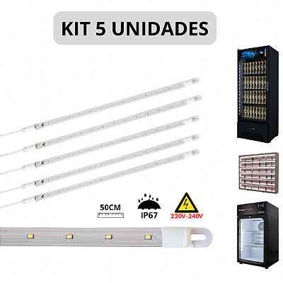 KIT 5 Barra LED 10W 50cm Geladeira Expositora Freezer 220V IP67 6500K