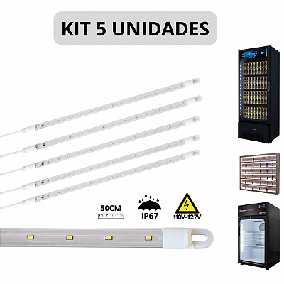KIT 5 Barra LED 10W 50cm Geladeira Expositora Freezer 110V IP67 6500K