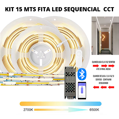 KIT Fita LED COB Sequencial 576 LED’s 24V 15 Metros CCT Multicor + Fonte