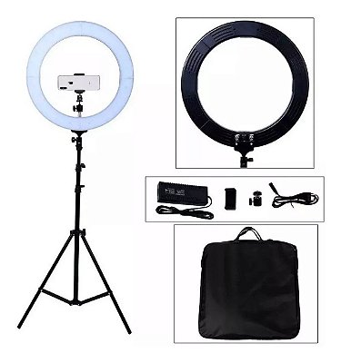 Ring Light 18 polegadas 48cm LED 80W Suporte Celular Iluminador Profissional 3 Cores Tripe 2 metros com Controle Remoto e Carregador USB Celular
