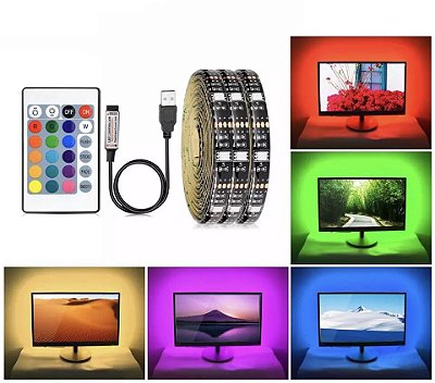 Fita LED USB 5V 5050 RGB Colorida 150 LED 12W / metro Black com Silicone Rolo 3 metros + Controlador