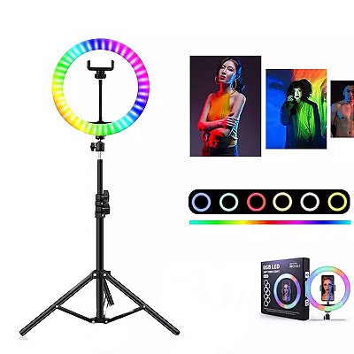 Ring Light 19 polegadas 48cm RGB Bicolor LED 80W Suporte Celular Iluminador Profissional 3 Cores Tripe 2 mts