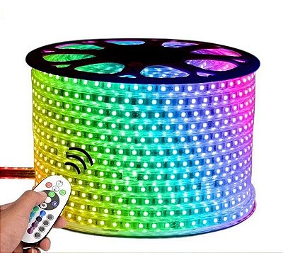 Mangueira Fita LED RGB 100 Metros Achatada Efeito 220V IP66 Externa + Controle + Fonte