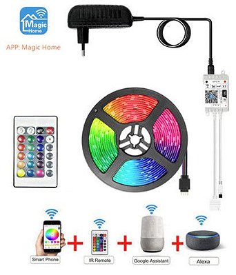 Kit Fita LED 5050 RGB Wi-Fi Alexa Google Home com Silicone Rolo 5 metros 12V + Fonte 2.5A