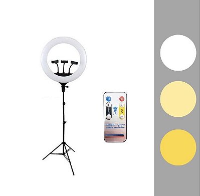 Ring Light 35cm 14 polegadas LED 60W 3x Suporte Celular Iluminador Profissional Controle Remoto Tripe 2mts
