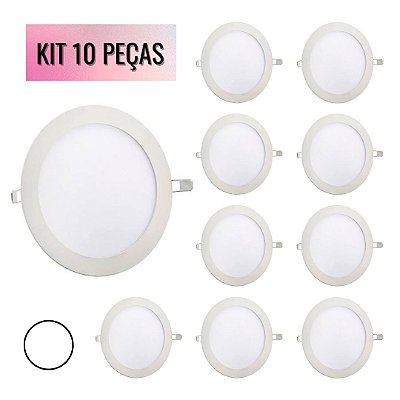 KIT 10 Painel 18W LED Redondo Embutir 6500K Branco Frio