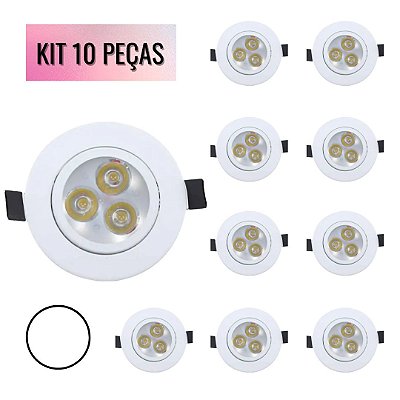 KIT 10 Spot 3W Redondo LED SMD Bivolt Branco Frio 6500K