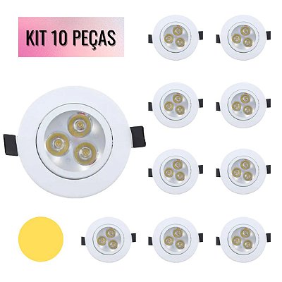 KIT 10 Spot 3W Redondo LED SMD Bivolt Branco Quente 3500K