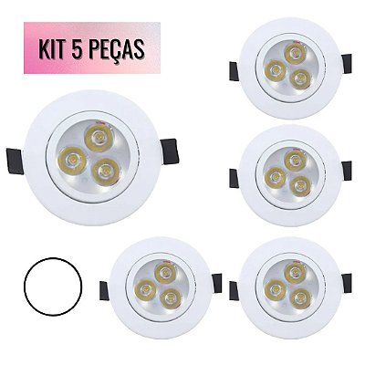 KIT 5 Spot 3W Redondo LED SMD Bivolt Branco Frio 6500K
