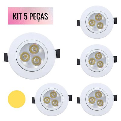 KIT 5 Spot 3W Redondo LED SMD Bivolt Branco Quente 3500K