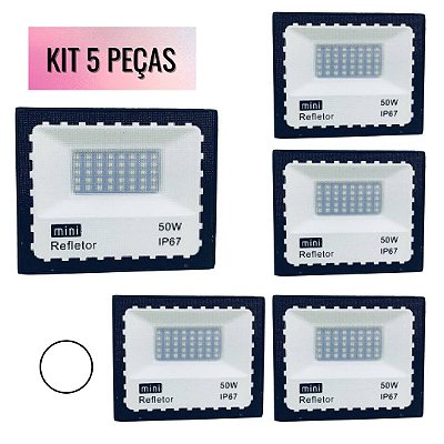 KIT 5 Refletor 50W LED SMD Slim Mini Holofote Branco Frio IP67 Bivolt