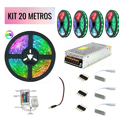 KIT 20 Metros Fita LED 5050 RGB Colorida com Silicone 12V + 3 Amplificador + 1 Fonte 20A