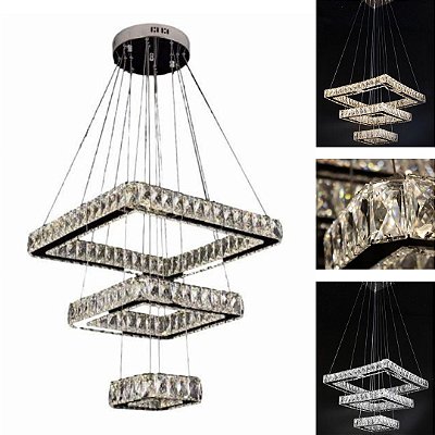 Lustre Pendente Cristal Quadrado Inox K9 LED 3 Andares 35W 3 Cores Bivolt 7306