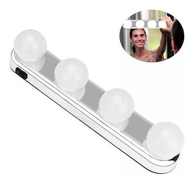 Luminária Luz de Espelho Camarim 4 Lâmpadas LED Bulbo Branco Frio Pilha